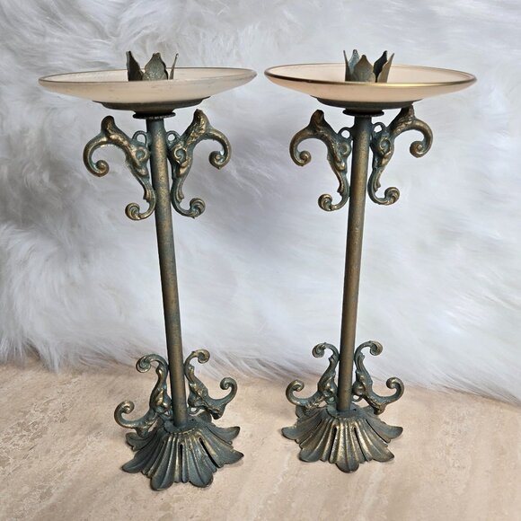Other - Vintage Pair Ornate Vintage Tapered Candle Holders Metal Glass Patina 9.5" Tall